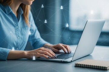Woman typing on laptop with digital network connections overlaid, modern business and communication technology concept on bright office background.