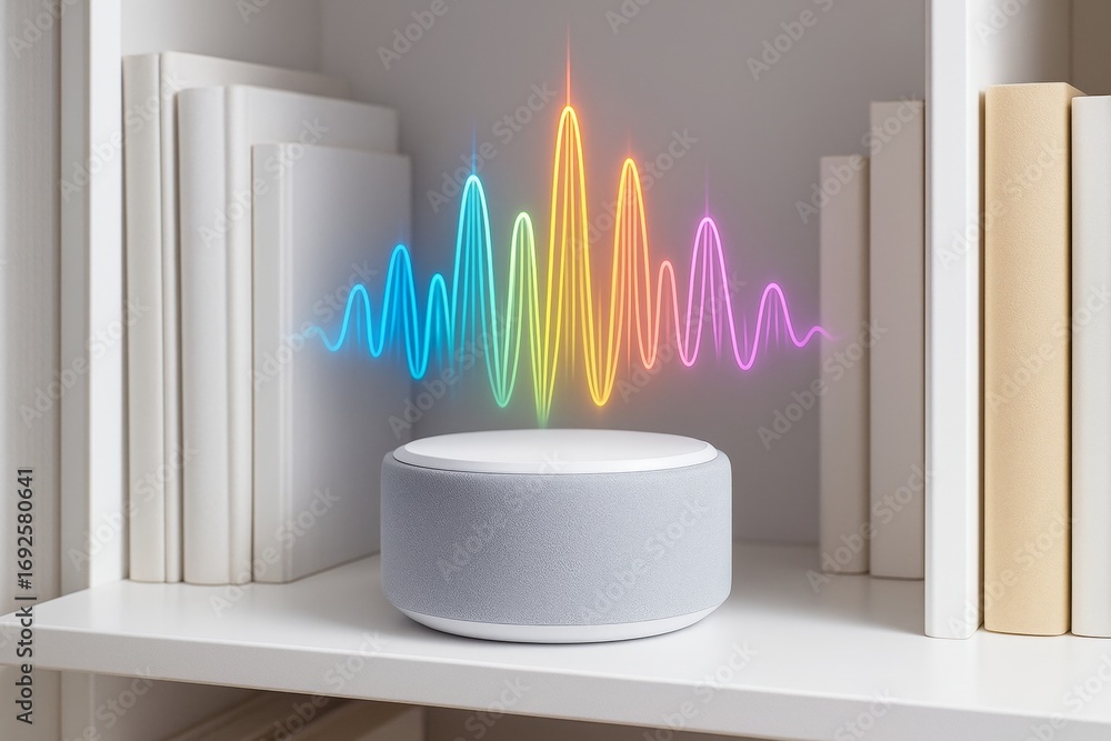 Poster smart speaker mockup with colorful soundwave display on shelf among books in minimalist white interi