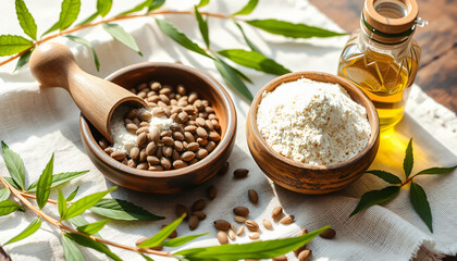 Lifestyle arrangement of hemp flour in a small wooden scoop, hemp seeds in a rustic ceramic bowl, and hemp oil in a glass bottle placed on a linen cloth