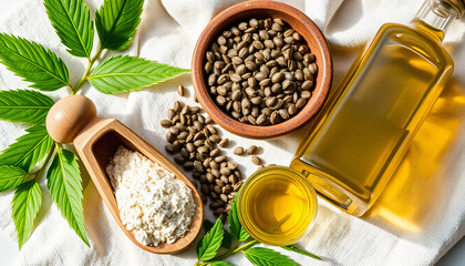 Lifestyle arrangement of hemp flour in a small wooden scoop, hemp seeds in a rustic ceramic bowl, and hemp oil in a glass bottle placed on a linen cloth