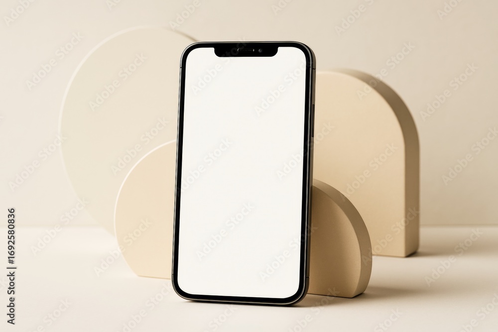 Aufkleber smartphone with blank white screen on beige abstract geometric background with soft light and creati