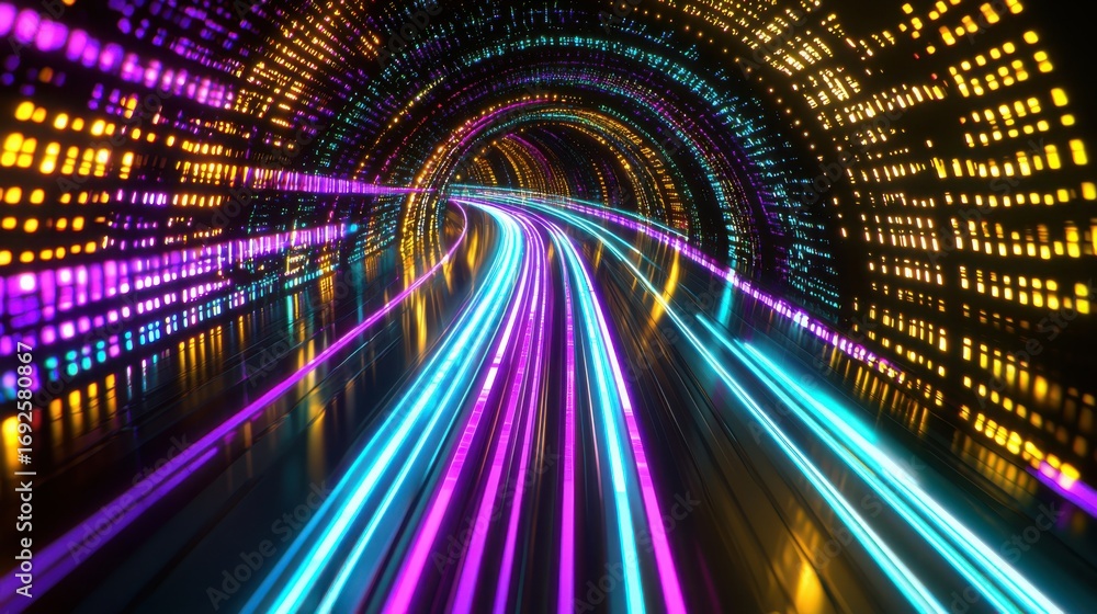 Poster futuristic tunnel illuminated with neon lights creating a dazzling visual experience of modern techn