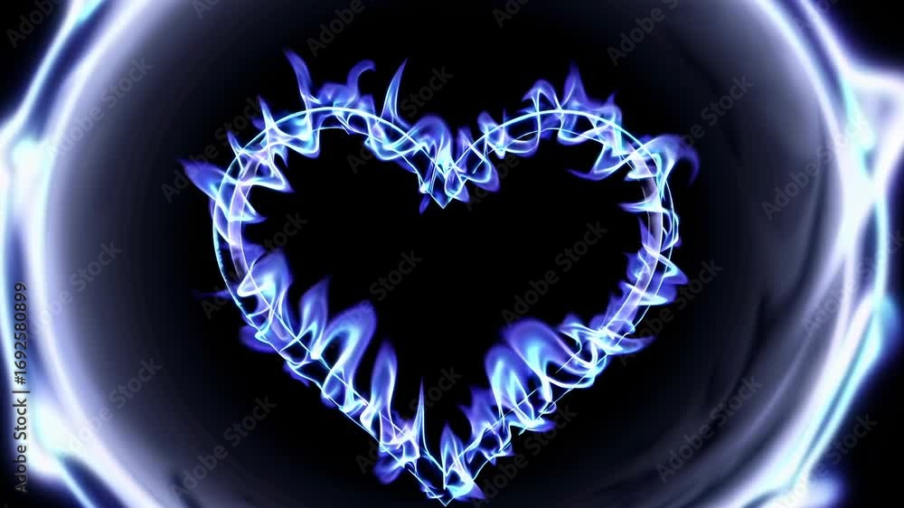 Poster a heart shape made of blue flames pulsating rhythmically in a vibrant animation, creating a visual e