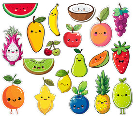 Cute Kawaii Fruit Stickers Collection with Happy Smiling Faces