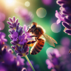 A detailed macro shot of a honeybee on a purple lavender flower, collecting nectar with pollen on its legs. Lush green bokeh background, bright natural light, sharp focus on the bee