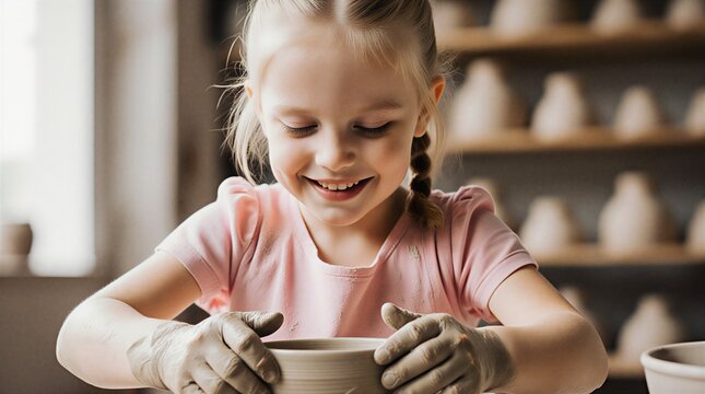 happy child crafting pottery bowl in workshop | children, arts and crafts, potters, creative activities, hands-on learning theme