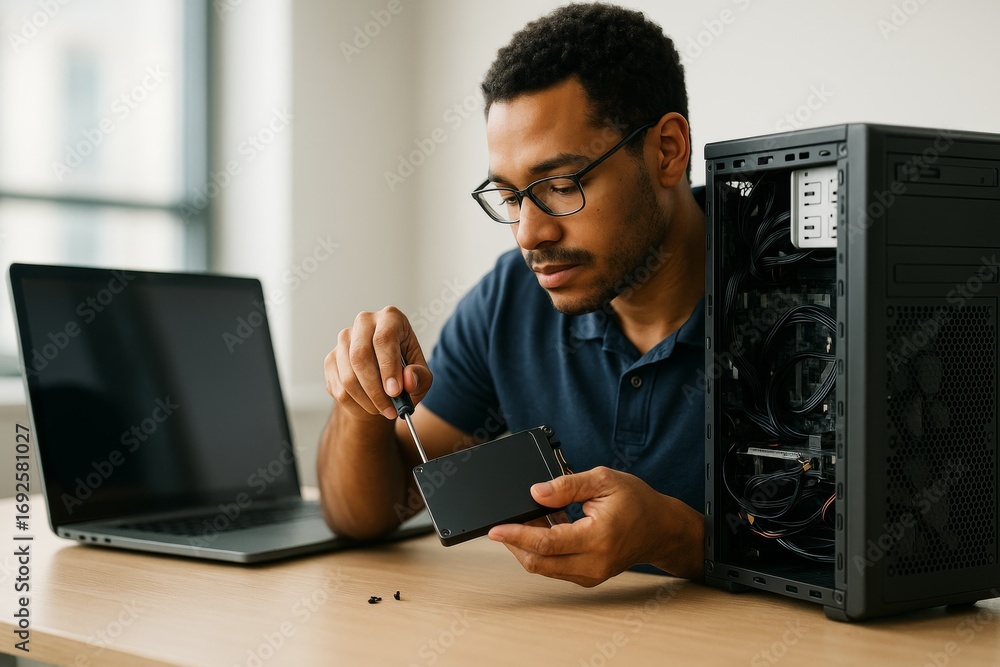 Poster focused man fixing hard drive with screwdriver near open computer case and laptop on desk in bright 