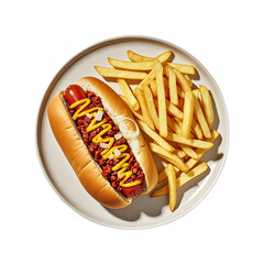 Delicious Hot Dog with Chili Sauce  Melted Cheese  and Golden Fries, Generative AI