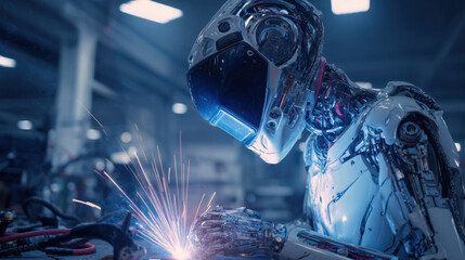 Fototapeta premium Futuristic robot welder in exoskeleton suit working with precision sparks in a high-tech industrial environment