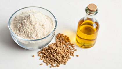Glass bowl with hemp flour, small pile of hemp seeds, and clear glass bottle of hemp oil