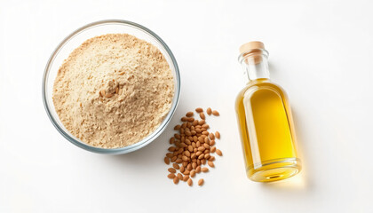 Glass bowl with hemp flour, small pile of hemp seeds, and clear glass bottle of hemp oil