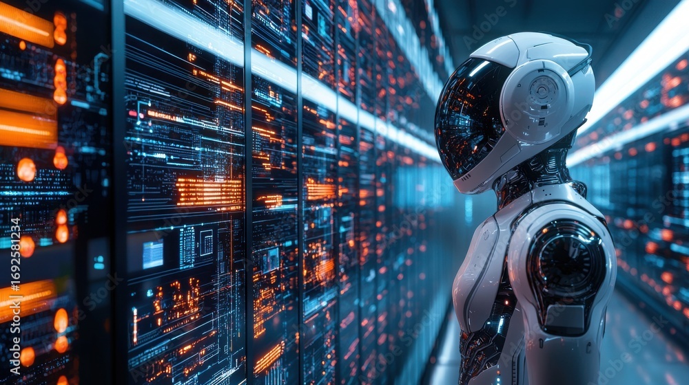 Poster humanoid robot standing in front of a wall filled with data visualizations representing personalized