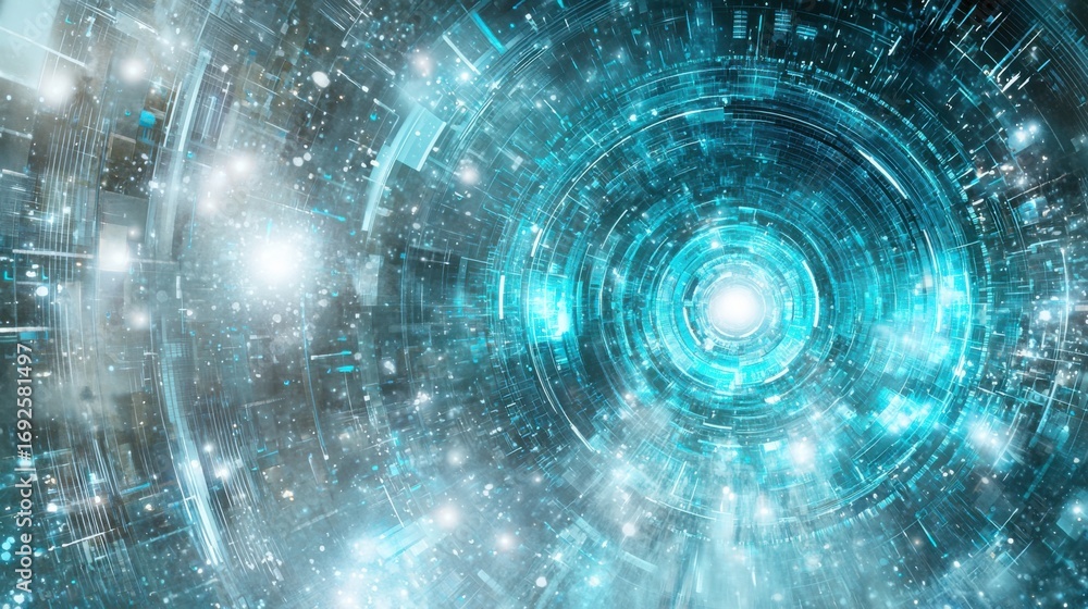 Poster enigmatic blue and black tunnel depicting a high-tech universe with intricate patterns and depth of 