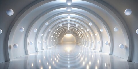 Obraz premium A futuristic white corridor with glowing orbs and a reflective floor, creating an elegant and modern architectural design