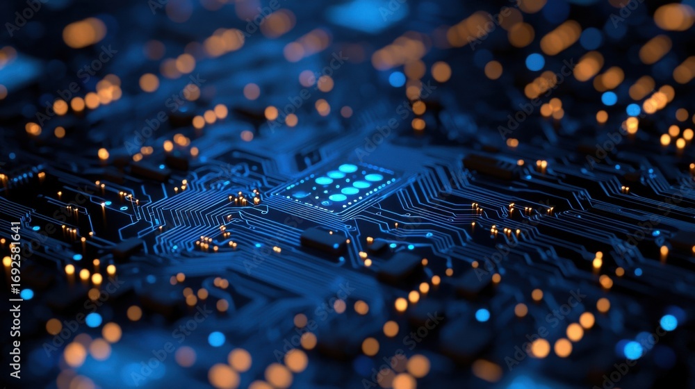 Poster brightly illuminated circuit board with multiple lights creating a high-tech atmosphere and showcasi
