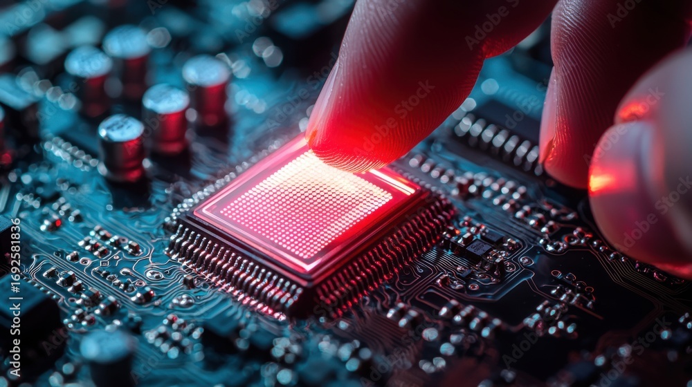 Poster individual touching a micro processor illustrating the human interaction with ai-powered quantum com