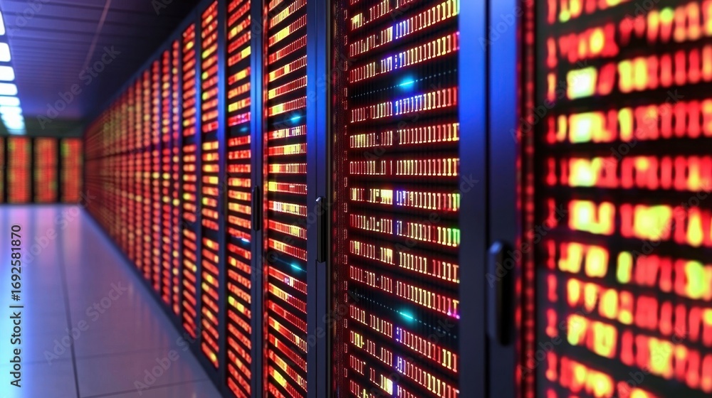 Poster server rack in a data center demonstrating the robust infrastructure of ai-powered quantum cryptogra