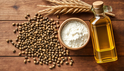 Hemp Flour and Seeds with Oil on Rustic Wooden Table