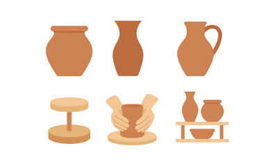 Glowing pottery icons: vases, crafting, and pottery wheel on warm background