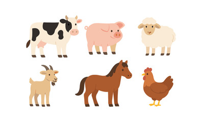 Fototapeta premium Cute farm animals on gradient background: pig, cow, sheep, goat, horse, chicken
