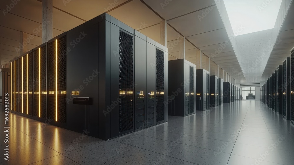 Poster rows of servers in a server room representing the backbone of ai-powered quantum probabilistic compu