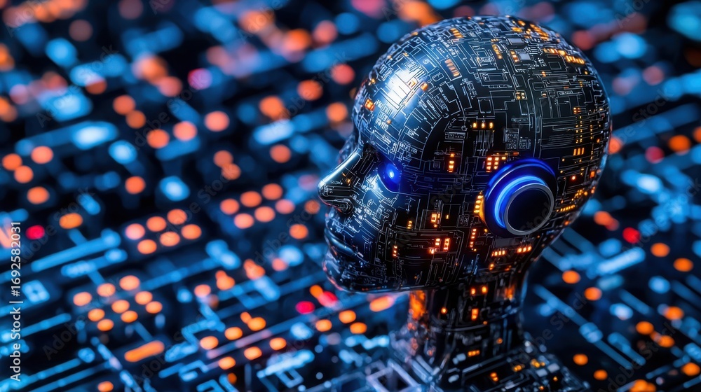 Poster a robot head with intricate circuitry in the background symbolizing advanced ai-powered rapid neural