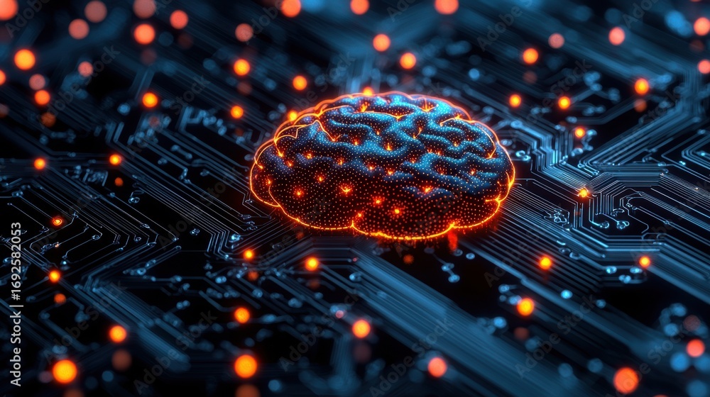 Poster a brain resting on a circuit board representing the intersection of neuroscience and ai-powered rapi