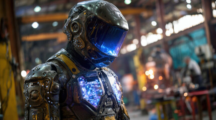 Obraz premium Cyborg welder in advanced exosuit with glowing helmet and illuminated chest plate inside futuristic industrial workshop