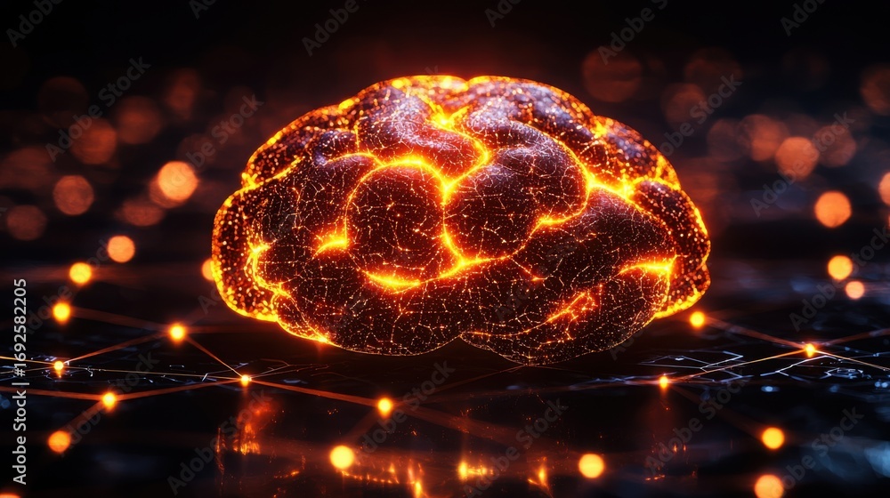 Poster a glowing orange sphere representing the concept of ai-powered rapid neural learning and innovative 