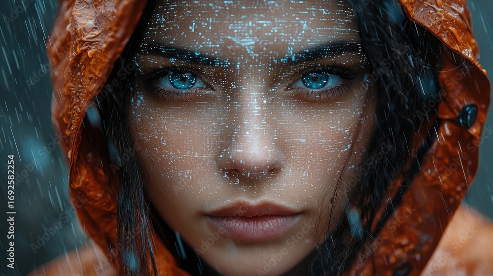 Poster a woman with rain on her face capturing the essence of ai-powered real-time anomaly detection in nat