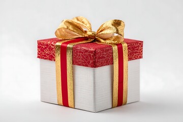 Obraz premium Give the gift of joy with this exquisitely wrapped present featuring a shimmering gold bow and festive red accents for holidays and special occasions
