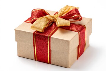 Wrapped gift box with red and gold ribbon for celebratory occasions like birthdays, holidays, promotions, and thank you presents
