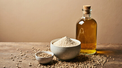 Glass bowl with hemp flour, small pile of hemp seeds, and clear glass bottle of hemp oil