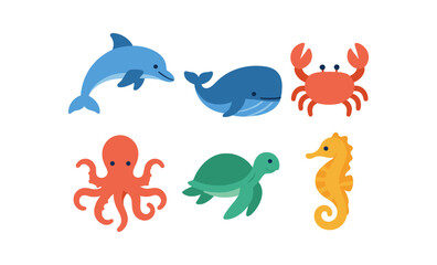 Colorful marine life collection: ocean animals glowing in soft gradient glow