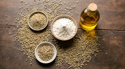 Hemp Flour and Seeds with Oil on Rustic Wooden Table