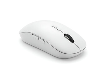 White wireless mouse resting on a white surface, showcasing its sleek and minimalist aesthetic in a clean and modern style.
