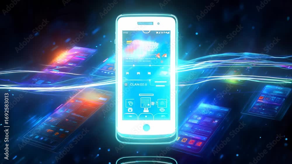 Poster glowing smartphone surrounded by multiple digital interface screens with technological light waves i