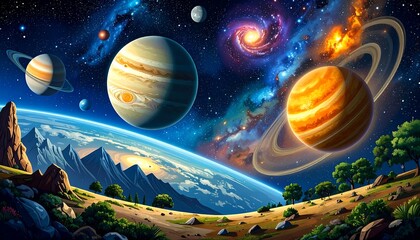 Cosmic landscape panorama with planets and mountains