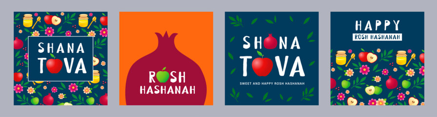 Shana Tova, Sweet and Happy Rosh Hashanah greeting card set with apple, honey and pomegranate. Shana Tova templates for posters or banners with honey, leaf and flowers. Jewish holiday vector card