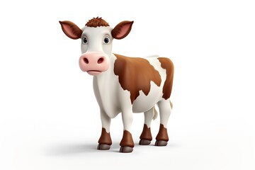 Cute cartoon cow standing on a white background, with a surprised expression, ideal for children's media
