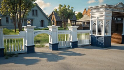 White Gate and Guardhouse in Suburban Neighborhood