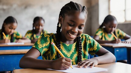 african schoolgirl smiles while studying in rural classroom | education, children, africa, learning, community theme