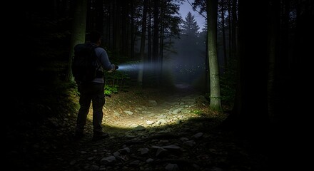Man with flashlight exploring a dark forest at night.