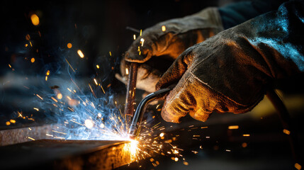 Gloved hands performing tig welding on steel, bright arc with blue smoke and orange sparks in a workshop