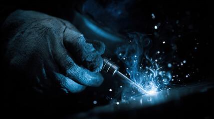 Close-up of welder’s gloved hand working with torch in dark workshop, sparks and smoke rising from bright welding arc
