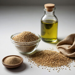 Minimalist Composition of Hemp Flour, Seeds, and Oil