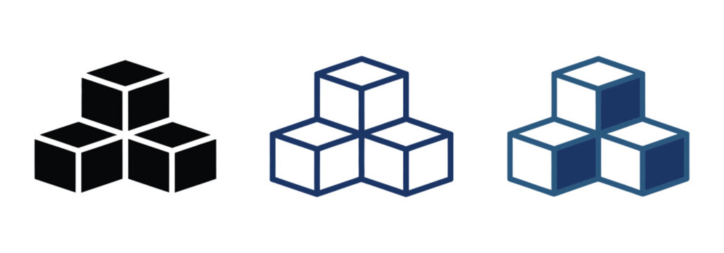 Blockchain technology icon set. Cube infrastructure. Block chain, crypto, cloud or building blocks concept. 3D cubes. Module structure. Line or solid logo for web or app. Editable vector stroke