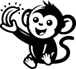 Obraz premium Minimalist black and white vector icon of a monkey with a banana, clean lines, modern style, scalable, perfect for stickers, logos, or digital use.