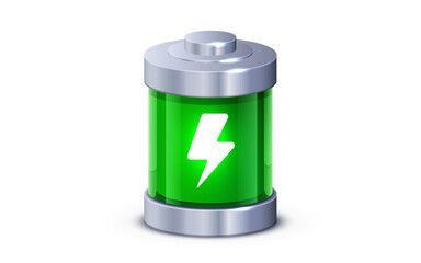 Full charged battery glowing with green light charging status indicator isolated . Realistic glass power battery.