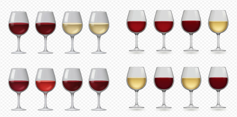Collection of realistic wine glasses filled with red and white wine at various levels.